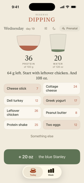 The Ounza Today screen: a bowl and a glass, 36 of 100 grams of protein and 20 of 128 ounces of water, above a row of foods.